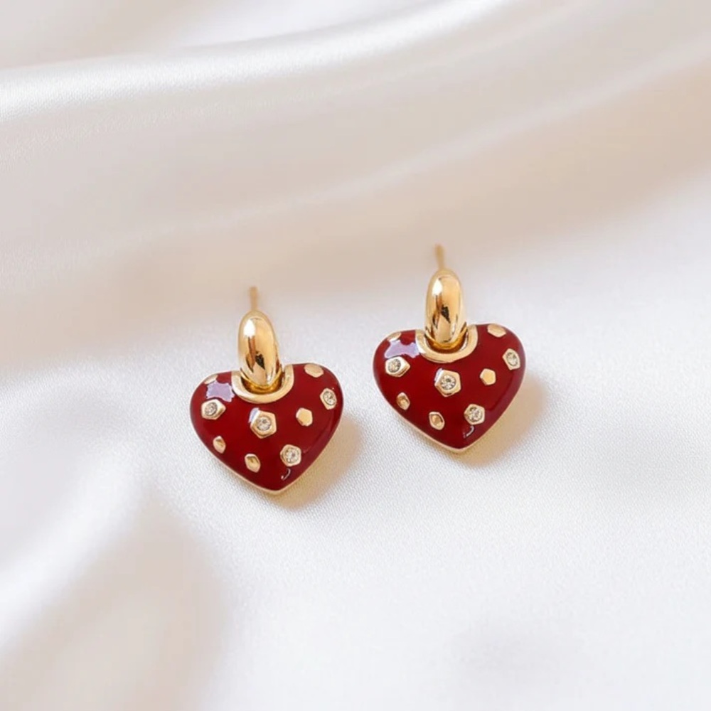 Gold & Red Heart Drop Earrings
